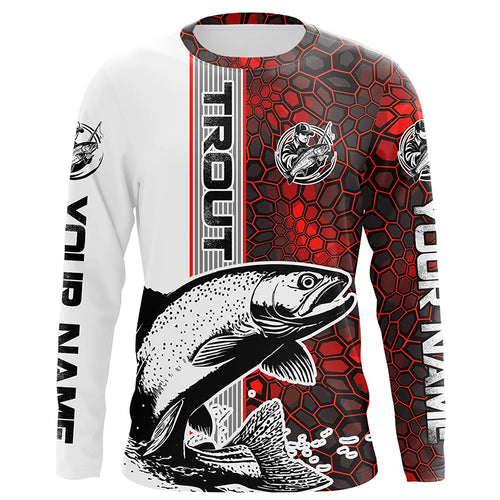 Trout Fishing Red Camo Long Sleeve Fishing Shirts With Custom Name, Trout 3D Fishing Shirts Jerseys IPHW6618