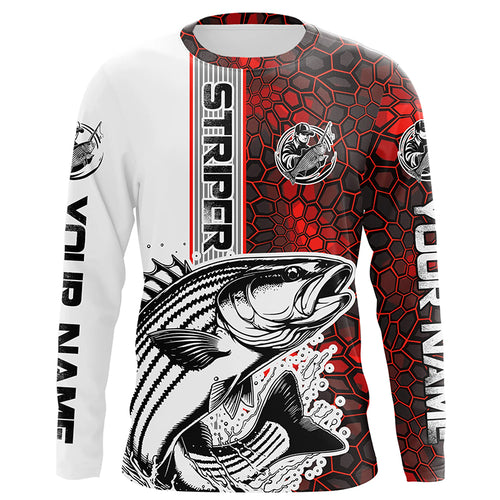 Striped Bass Fishing Red Camo Long Sleeve Fishing Shirts With Custom Name, Striper Fishing Jerseys IPHW6620