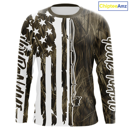 Custom US Fishing Rod Grass Camo Patriotic Long Sleeve Fishing Shirts IPHW9135
