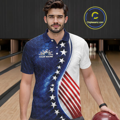 Custom Patriotic Bowling Shirt, Red White And Blue Hexagon American Flag Men Polo Shirt IPHW11640