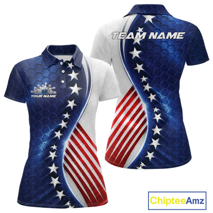 Custom Patriotic Bowling Shirt, Red White And Blue Hexagon American Flag Women Polo Shirt IPHW11640