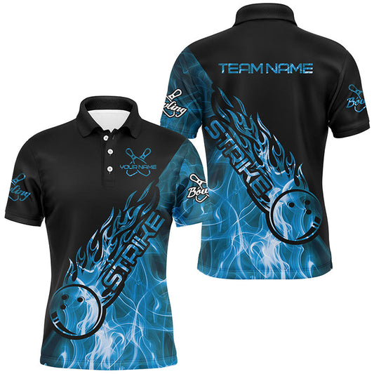 Custom Blue Flame Bowling Shirts For Men, Bowling Team Shirts Bowling Strike IPHW7155