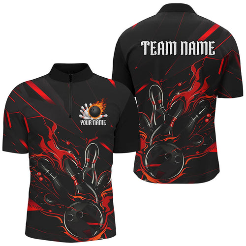 Black And Red Custom Name Bowling Tournament Jerseys For Men And Women, Bowling Team Shirts IPHW7176