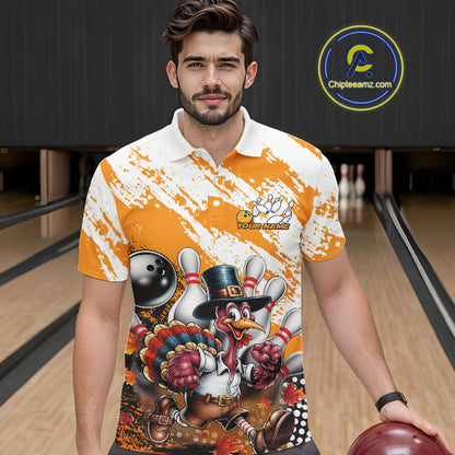 Custom Yellow Turkey Bowling Men Polo Shirts, Funny Thanksgiving Bowling Team Shirts IPHW9717