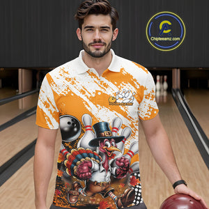 Custom Yellow Turkey Bowling Men Polo Shirts, Funny Thanksgiving Bowling Team Shirts IPHW9717