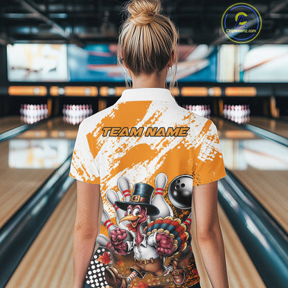Custom Yellow Turkey Bowling Women Polo Shirts, Funny Thanksgiving Bowling Team Shirts IPHW9717