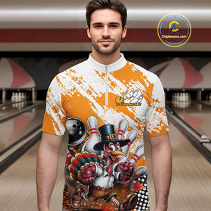 Custom Yellow Turkey Bowling Men Quarter-Zip Shirts, Funny Thanksgiving Bowling Team Shirts IPHW9717