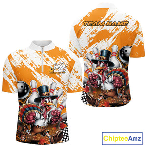 Custom Yellow Turkey Bowling Men Quarter-Zip Shirts, Funny Thanksgiving Bowling Team Shirts IPHW9717