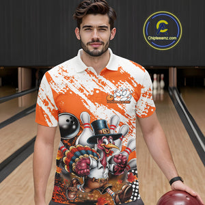 Custom Orange Turkey Bowling Men Polo Shirts, Funny Thanksgiving Bowling Team Shirts IPHW9718
