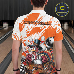 Custom Orange Turkey Bowling Men Polo Shirts, Funny Thanksgiving Bowling Team Shirts IPHW9718