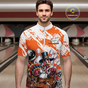 Custom Orange Turkey Bowling Men Quarter-Zip Shirts, Funny Thanksgiving Bowling Team Shirts IPHW9718