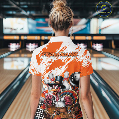 Custom Orange Turkey Bowling Women Quarter-Zip Shirts, Funny Thanksgiving Bowling Shirts IPHW9718