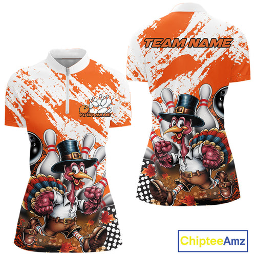 Custom Orange Turkey Bowling Women Quarter-Zip Shirts, Funny Thanksgiving Bowling Shirts IPHW9718