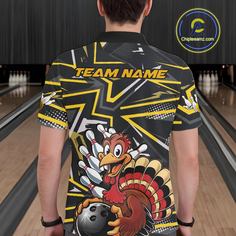 Custom Funny Turkey Bowling Jerseys, Yellow Thanksgiving Bowling Team Men Polo Shirt IPHW9722