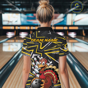 Custom Funny Turkey Bowling Jerseys, Yellow Thanksgiving Bowling Women Quarter-Zip Shirt IPHW9722