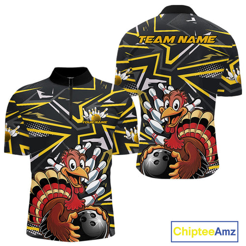Custom Funny Turkey Bowling Jerseys, Yellow Thanksgiving Bowling Team Men Quarter-Zip Shirt IPHW9722