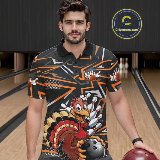 Custom Funny Turkey Bowling Jerseys, Orange Thanksgiving Bowling Team Men Polo Shirt IPHW9723