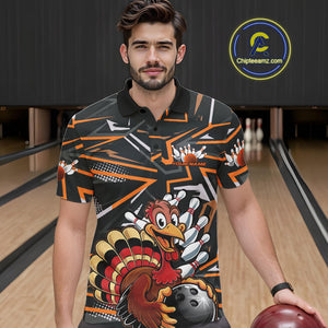 Custom Funny Turkey Bowling Jerseys, Orange Thanksgiving Bowling Team Men Polo Shirt IPHW9723