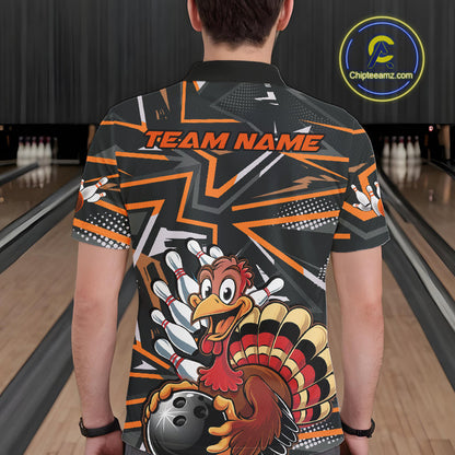 Custom Funny Turkey Bowling Jerseys, Orange Thanksgiving Bowling Team Men Polo Shirt IPHW9723