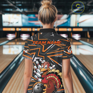 Custom Funny Turkey Bowling Jerseys, Orange Thanksgiving Bowling Team Women Polo Shirt IPHW9723