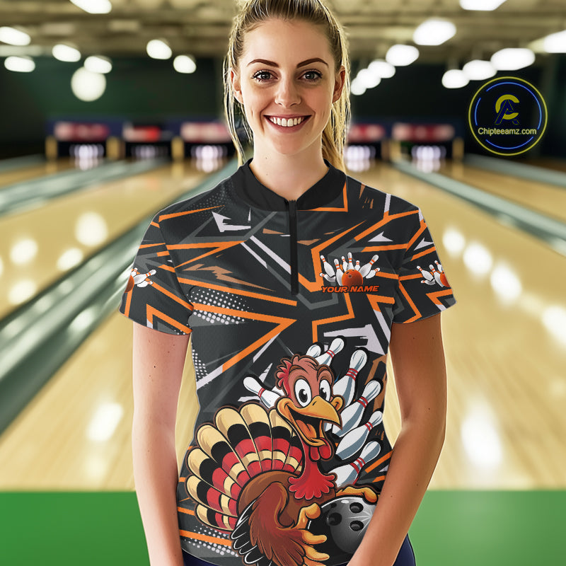 Custom Funny Turkey Bowling Jerseys, Orange Thanksgiving Bowling Women Quarter-Zip Shirt IPHW9723
