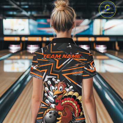 Custom Funny Turkey Bowling Jerseys, Orange Thanksgiving Bowling Women Quarter-Zip Shirt IPHW9723