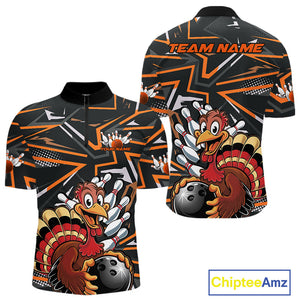Custom Funny Turkey Bowling Jerseys, Orange Thanksgiving Bowling Team Men Quarter-Zip Shirt IPHW9723