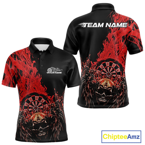 Custom Red Fire Flame Skull With Wings Dart Team Men Polo Shirt, Halloween Outfit IPHW10046