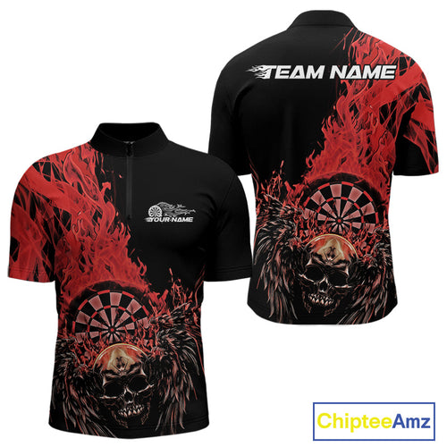 Custom Red Fire Flame Skull With Wings Dart Team Men Quarter-Zip Shirt, Halloween Outfit IPHW10046