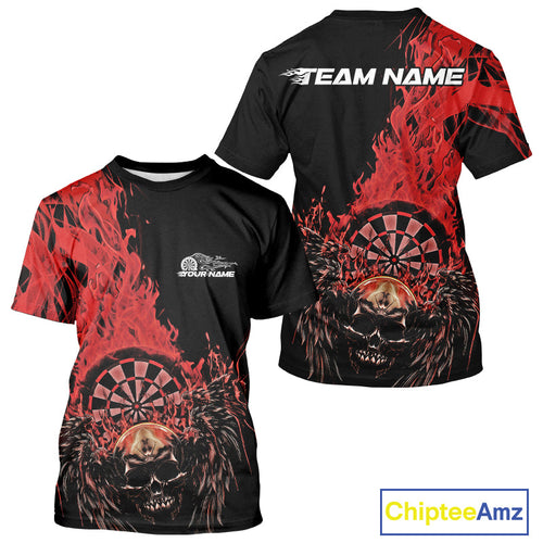 Custom Red Fire Flame Skull With Wings Dart Team Men T-Shirts, Halloween Outfit IPHW10046