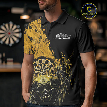 Custom Yellow Fire Flame Skull With Wings Dart Team Men Polo Shirt, Halloween Outfit IPHW10047