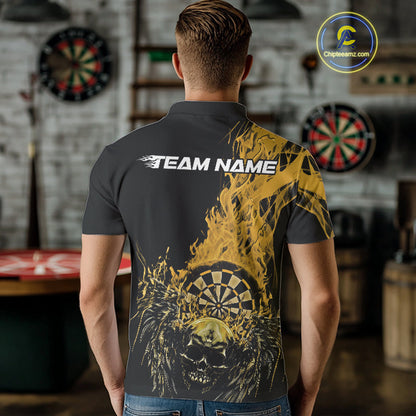 Custom Yellow Fire Flame Skull With Wings Dart Team Men Polo Shirt, Halloween Outfit IPHW10047