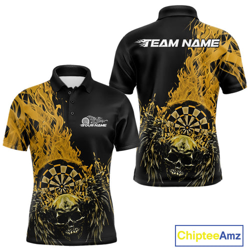 Custom Yellow Fire Flame Skull With Wings Dart Team Men Polo Shirt, Halloween Outfit IPHW10047
