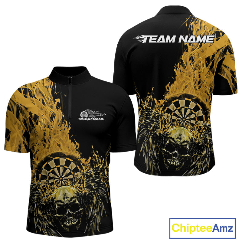 Custom Yellow Fire Flame Skull With Wings Dart Team Men Quarter-Zip Shirt, Halloween Outfit IPHW10047