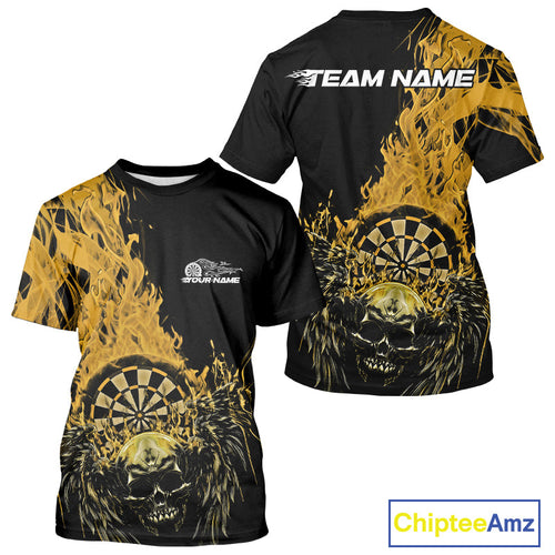 Custom Yellow Fire Flame Skull With Wings Dart Team Men T-Shirts, Halloween Outfit IPHW10047