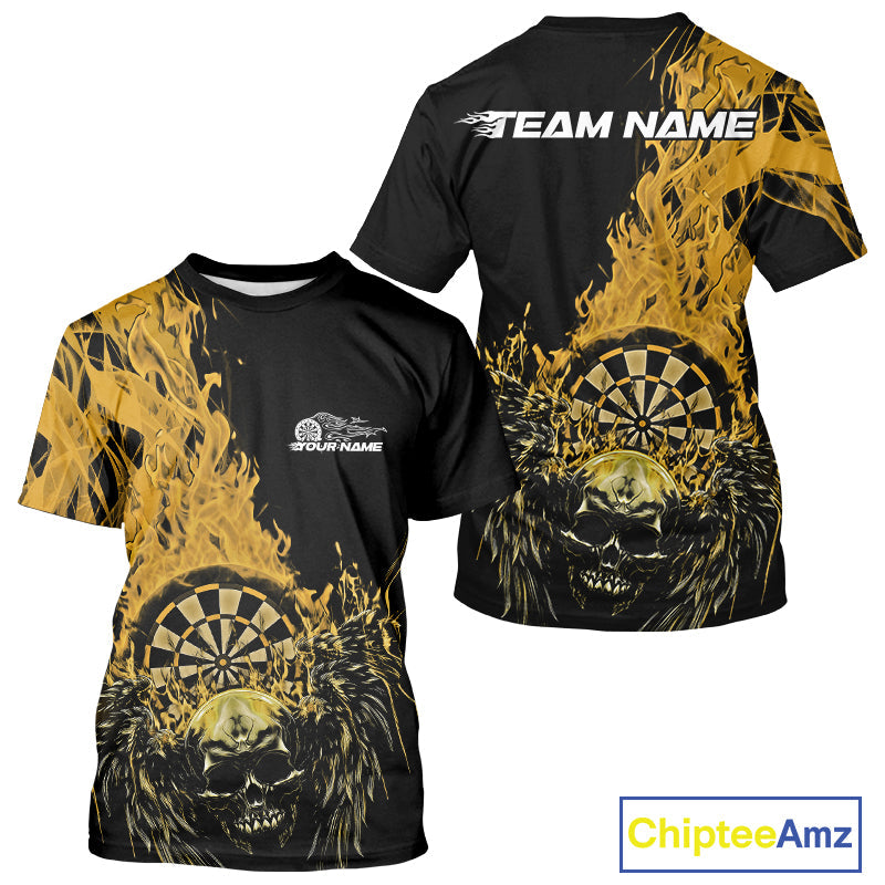 Custom Yellow Fire Flame Skull With Wings Dart Team Men T-Shirts, Halloween Outfit IPHW10047