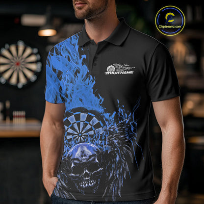 Custom Blue Fire Flame Skull With Wings Dart Team Men Polo Shirt, Halloween Outfit IPHW10048