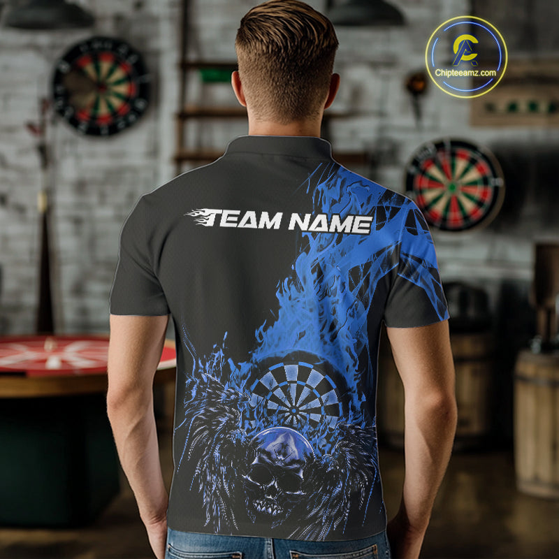 Custom Blue Fire Flame Skull With Wings Dart Team Men Polo Shirt, Halloween Outfit IPHW10048