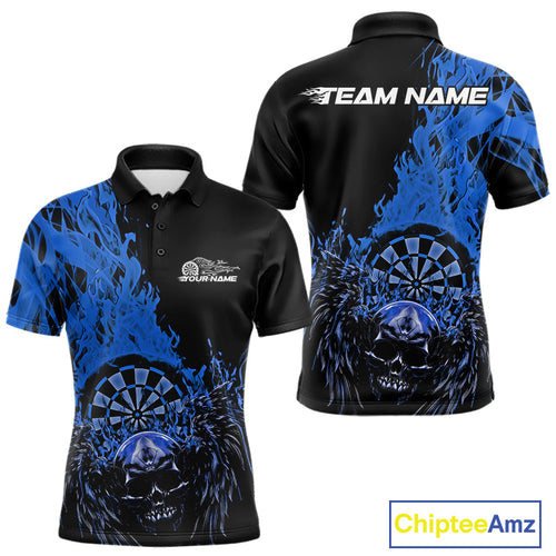 Custom Blue Fire Flame Skull With Wings Dart Team Men Polo Shirt, Halloween Outfit IPHW10048