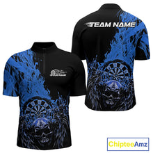 Load image into Gallery viewer, Custom Blue Fire Flame Skull With Wings Dart Team Men Quarter-Zip Shirt, Halloween Outfit IPHW10048