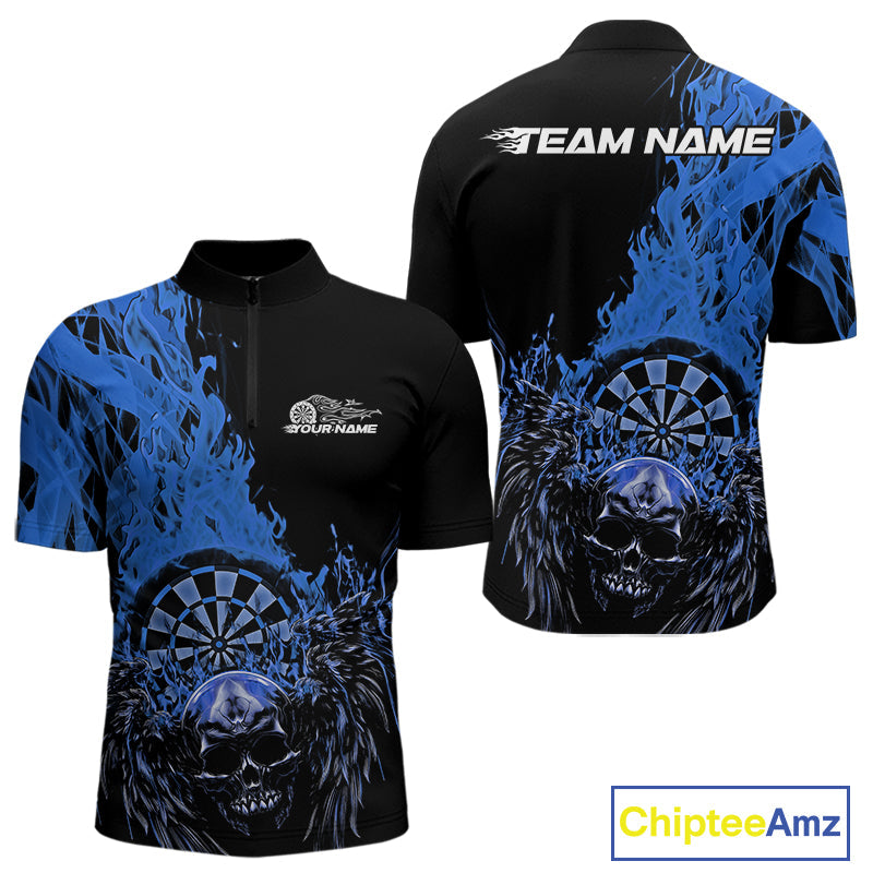 Custom Blue Fire Flame Skull With Wings Dart Team Men Quarter-Zip Shirt, Halloween Outfit IPHW10048