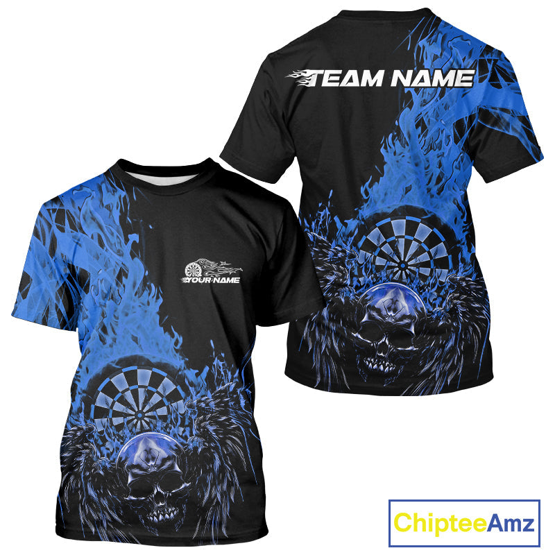Custom Blue Fire Flame Skull With Wings Dart Team Men T-Shirts, Halloween Outfit IPHW10048