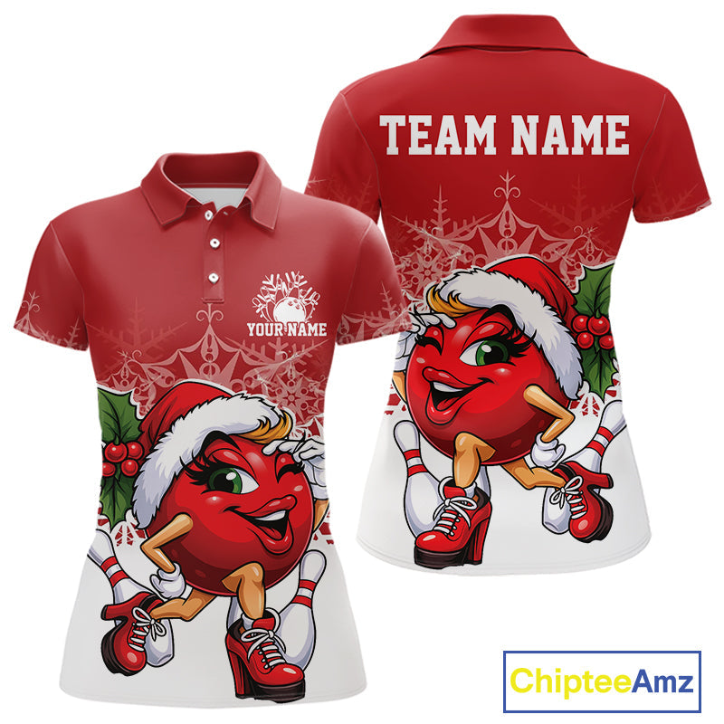 Custom Cute Funny Ladies Christmas Bowling Polo Shirts, Women Team Xmas Bowling Outfit IPHW10135