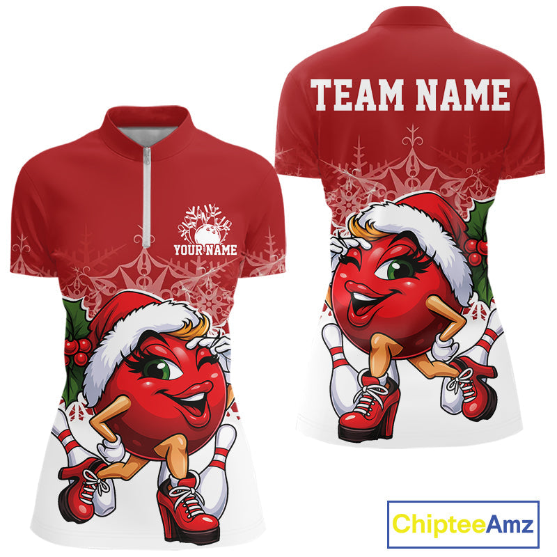 Custom Cute Funny Ladies Christmas Bowling Quarter-Zip Shirts, Women Team Xmas Outfit IPHW10135