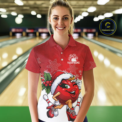 Custom Cute Funny Ladies Christmas Bowling Polo Shirts, Women Team Xmas Bowling Outfit IPHW10137