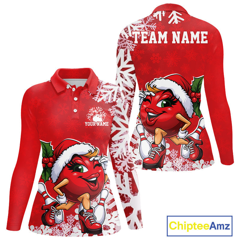 Custom Cute Funny Ladies Christmas Bowling Long Sleeve Polo Shirts, Women Team Xmas Outfit IPHW10138