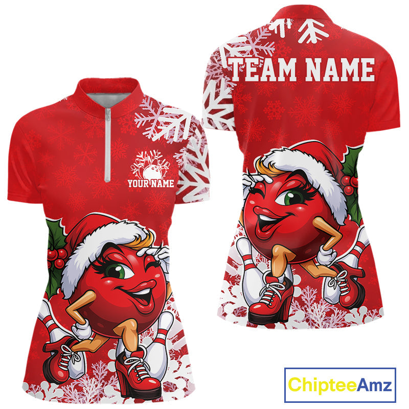 Custom Cute Funny Ladies Christmas Bowling Quarter-Zip Shirts, Women Team Xmas Outfit IPHW10138
