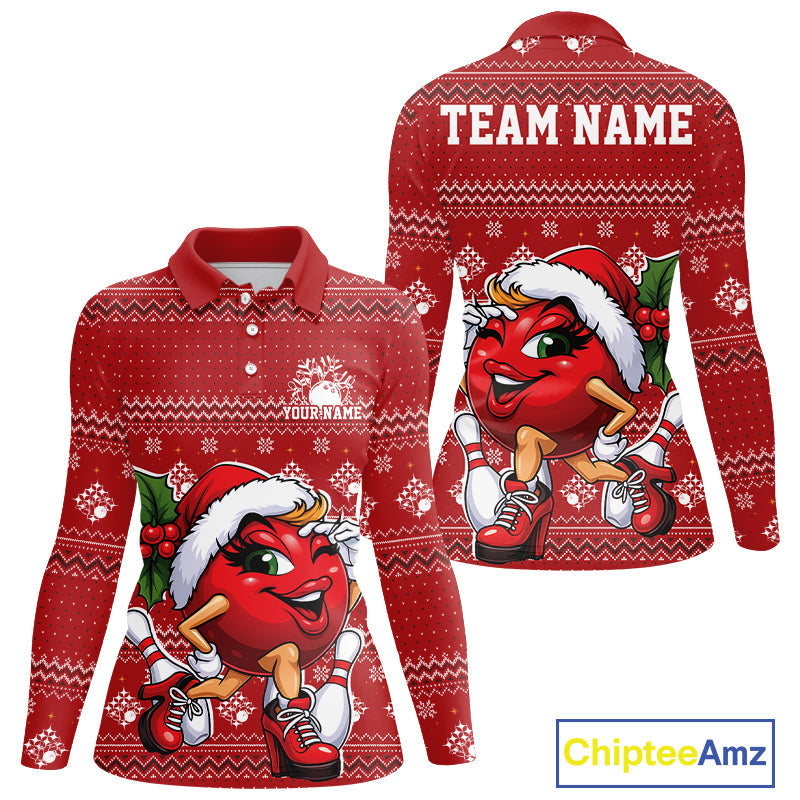 Custom Cute Funny Ladies Christmas Bowling Long Sleeve Polo Shirts, Women Team Xmas Outfit IPHW10139