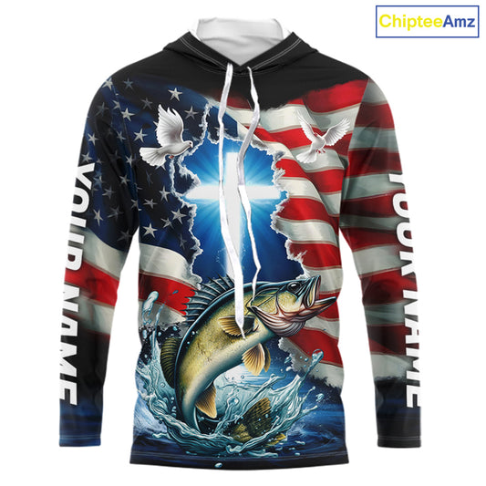 Custom Faith Walleye Patriotic Long Sleeve Hooded Tournament Fishing Shirt, US Fishing Jerseys IPHW8177