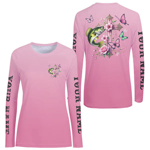 Pink Flower And Butterflies Custom Faith Largemouth Bass Long Sleeve Fishing Shirts For Women IPHW8182